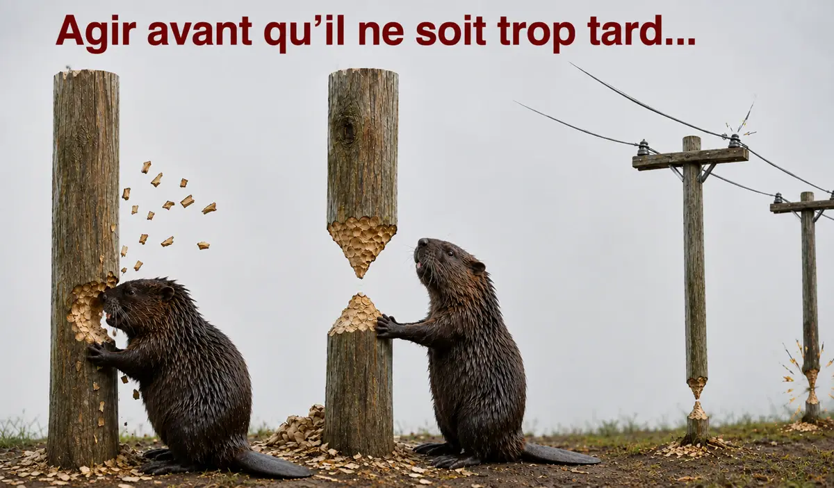 Montage photo humoristique d'un castor rongeant un poteau électrique en bois, avec le texte « Agir avant qu'il ne soit trop tard... »