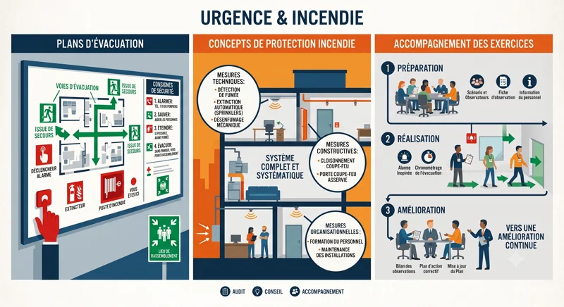 Infographie sur les plans d'évacuation et la protection incendie